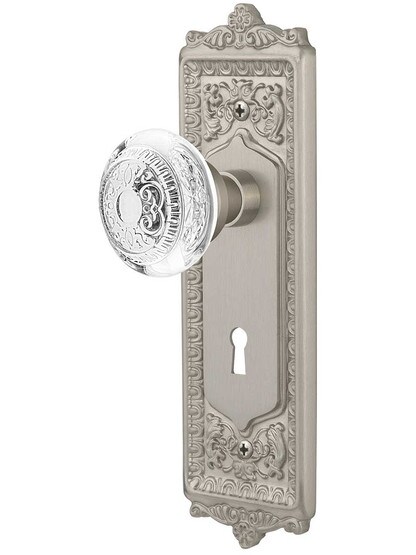 Egg and Dart Mortise-Lock Set with Matching Crystal-Glass Knobs in Satin Nickel.